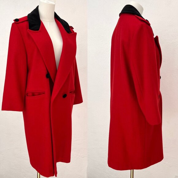 Vintage 80s Women's Red Wool Pea Coat Black Velvet Collar with Epaulets Size 12 - Picture 16 of 16